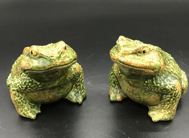 Vintage Ceramic Japanese Pair Frog Toad Figurines Small Hand Painted Realistic