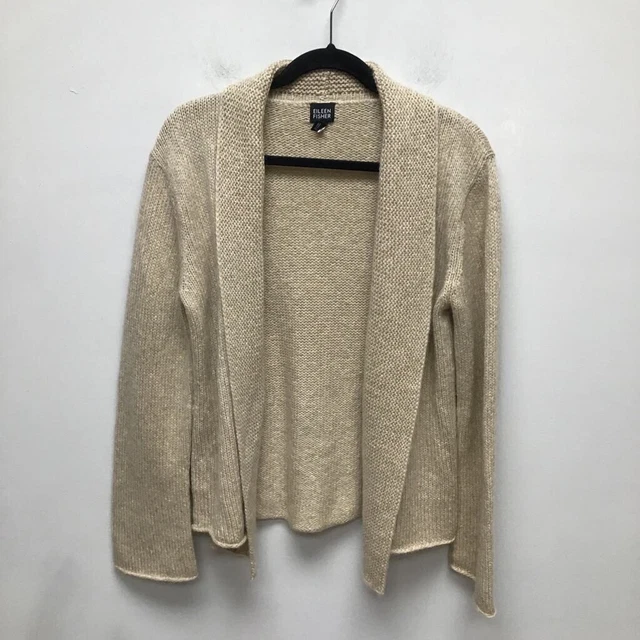 Eileen Fisher Womens Cardigan Beige Wool Mohair Knit Open Front Long Sleeve M