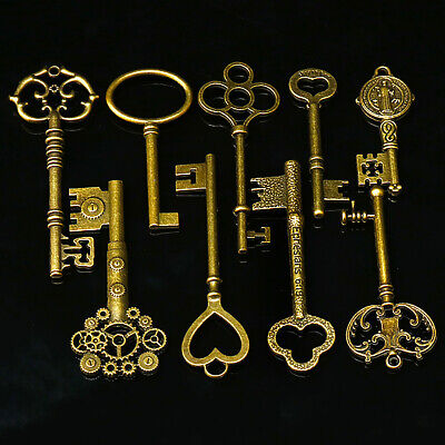 9PCS BIG Large Antique Vtg old Brass Skeleton Key Lot Cabinet Barrel Lok