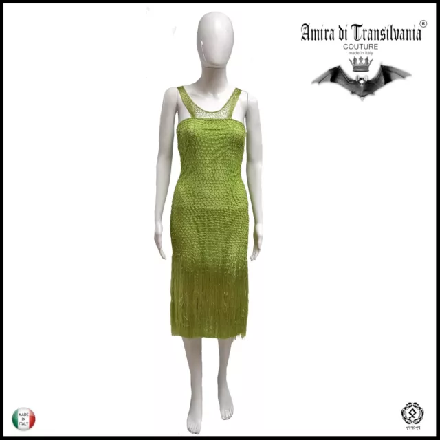 abito donna vestito griff alta moda couture brand uncinetto sexy verde cocktail