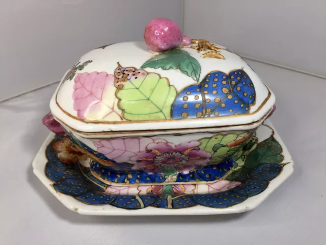 CHINESE TOBACCO LEAF PATTERN PORCELAIN TUREEN w/ LID & UNDERPLATE DISH HANDLED