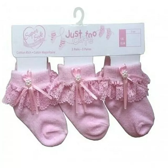 3 Pairs Baby Girl Socks  ~ Lace Bow ~ 0-3, 3-6, 6-12 Months Pink ~ Just Too Cute