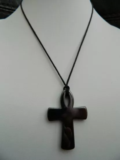 Large Black Hematite Ankh Cross Pendant Amulet