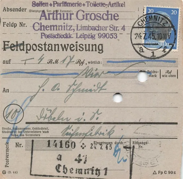 891854) SBZ Postanweisung mit AP 791 I aus Chemnitz n. Döbeln