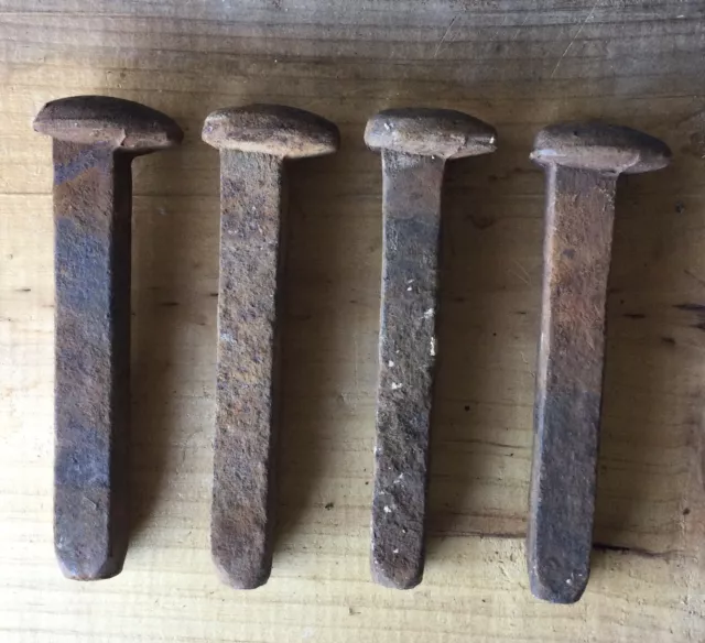 4 Original Railway Nails Rust Spikes Railroad Train 1950s ART Craft Hook Rustic