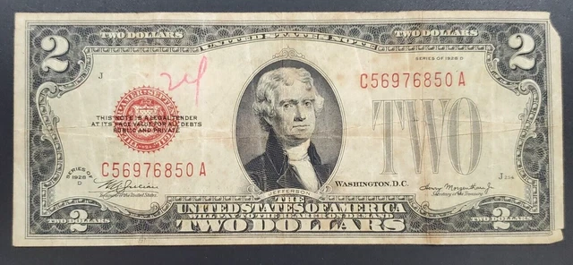 1928 $2 D Legal Tender Note Bill Red Seal United States Currency  Good Circ