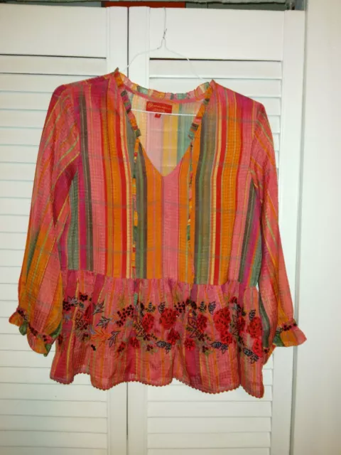 Anthropologie Bhanuni by Jyoti Embroidered & Beaded Peasant Top Blouse Size M