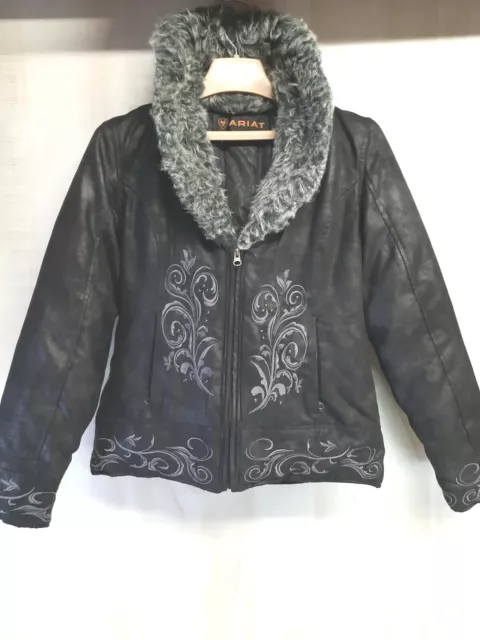 Ariat Jacket Women's Size XS Black Gray Embroidery Faux Fur Collar Western Coat