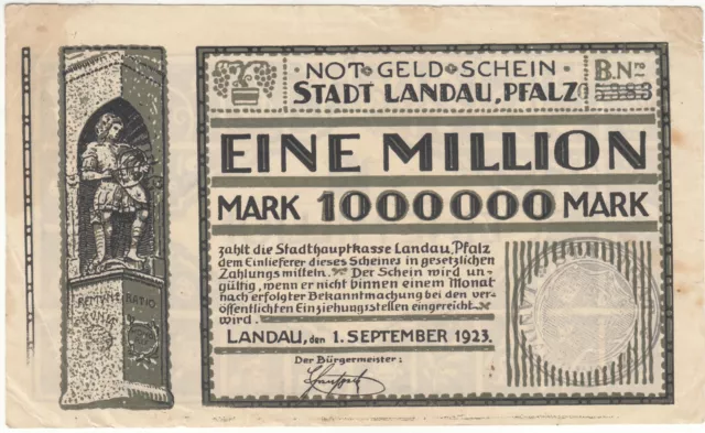 NOTGELDSCHEIN*Stadt Landau in der Pfalz*1 Million Mark*1.9.1923*