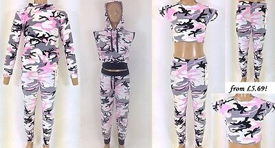NEW Girls Pink Camo Camouflage Tracksuit Crop Top Leggings Tracksuit Age 5-13