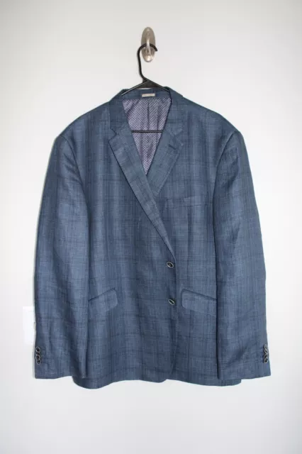 BLUE PLAID JOSEPH ABBOUD SLIM FIT 100% LINEN SPORT COAT  52R blazer suit jacket