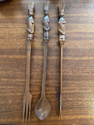 African Tribal Carved Figure Wood Spoon Fork Knife Set