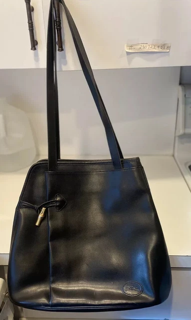 Vintage Longchamp Roseau Large Black Leather Shoulder Bag. Bamboo Toggle