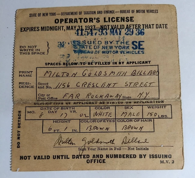 VINTAGE 1936 NEW York State Operators Drivers License Queens NYC DMV