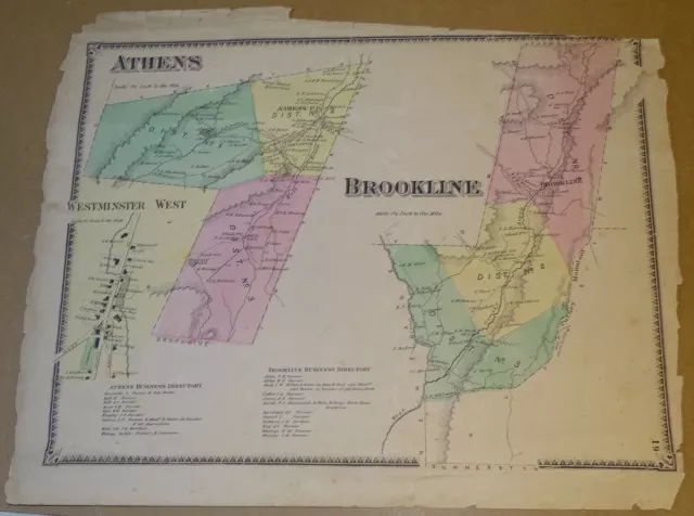 1869 Map BROOKLINE ATHENS Vermont (from Beers Atlas of Windham Co. VT.