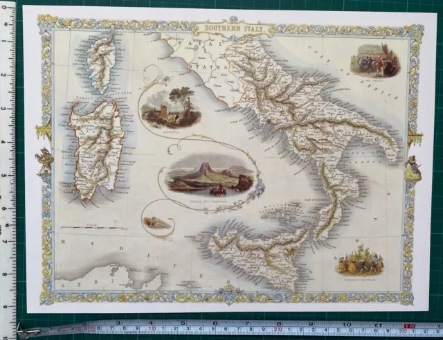 Old Antique picture map 1800s: South Italy, Naples Vesuvius Tallis: Reprint 1851