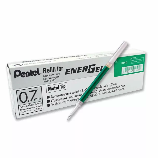 10 Pentel LR7 Roller Refill for EnerGel Gel Pen 0.7 mm Metal Tip Green Ink Color