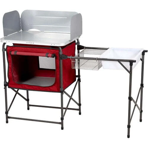 Camping Kitchen with storage, silver and red, 31 H "x 13 W" x 8.25 W