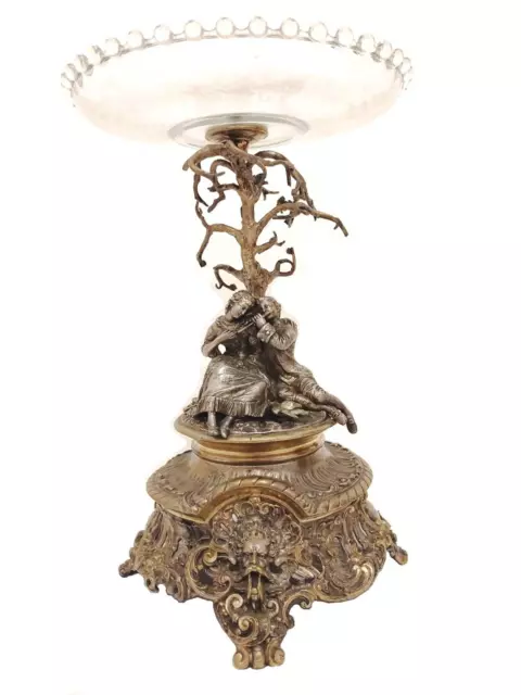 Antique Large Bronze Crystal Figural Lovers & Demon Monster Centerpiece Bowl