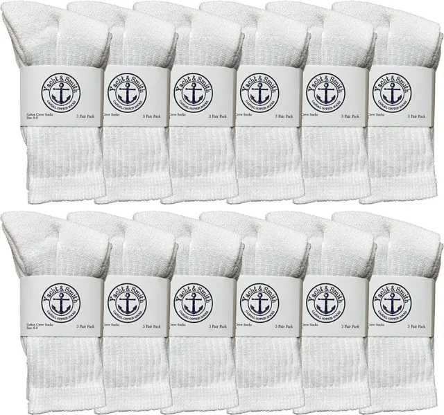 12 PK Yacht & Smith Kids Premium Cotton Crew Socks White Size 6-9 Boys Crew Sock