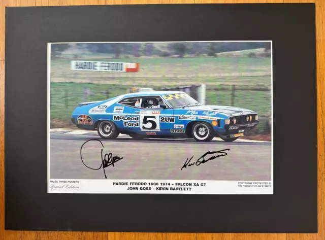 SIGNED 46cmx34cm JOHN GOSS & KEV BARTLETT PHOTO BATHURST 1974 WINNERS FALCON GT