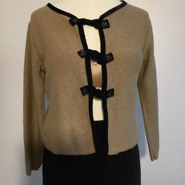 WILLOW TAN W/ Black Velvet Trim Cardigan Sweater 100% Cotton M (Fits ...