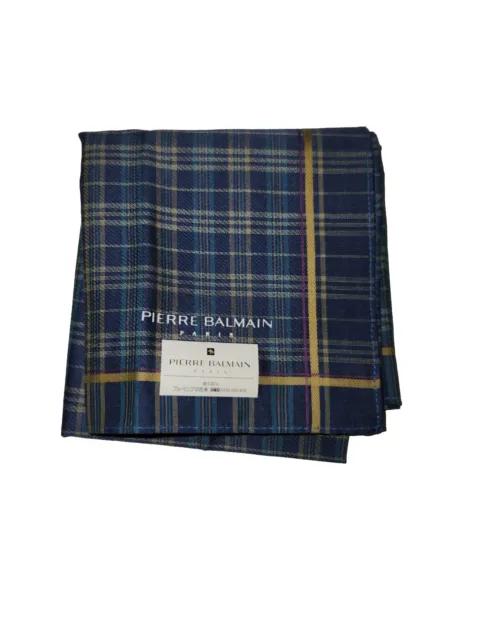 Pierre Balmain Handkerchief Mens Pocket Square Blue Yellow Plaid Japanese Cotton