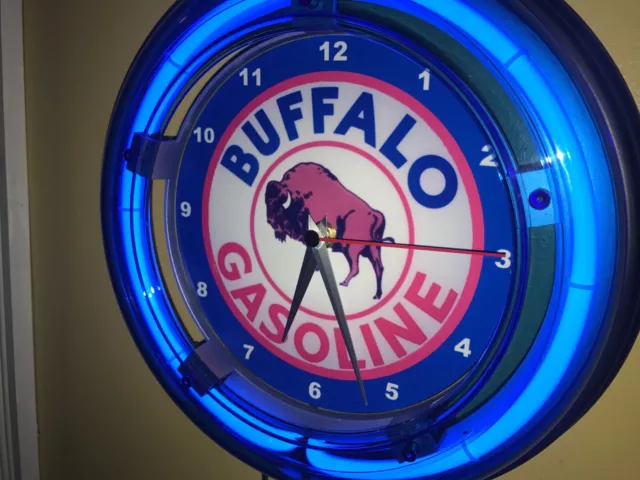 Buffalo Oil Gas Service Station Man Cave Neon Wall Clock Advertising Sign