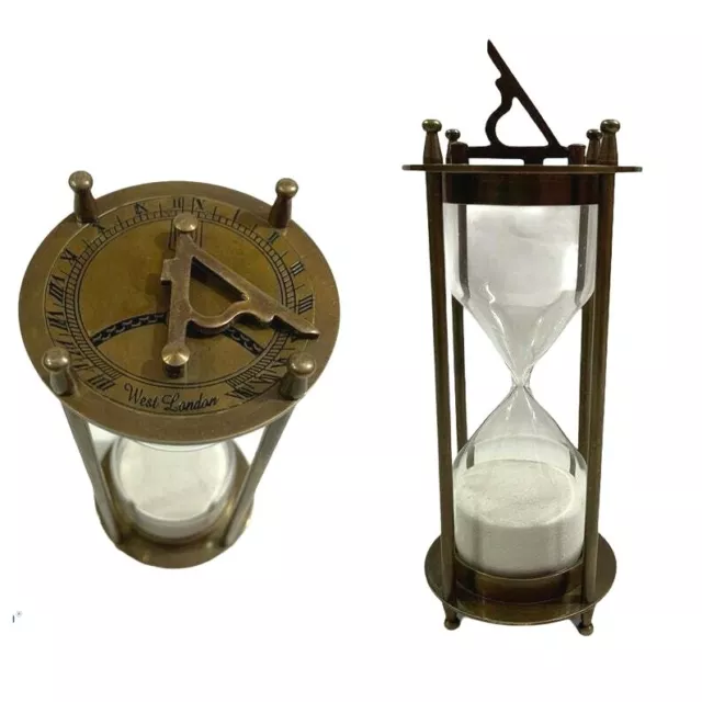 Vintage Hourglass Nautical Maritime Decorative Brass Sand Timer 6" with Sundial