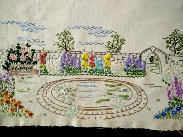 Exquisite 'Fairistytch' Walled Garden/Lily Pond  Hand Embroidered  Picture Panel