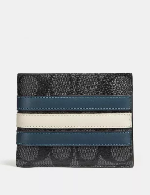 Coach Men's 3-In-1 Wallet In Refined Pebble Leather With Varsity Stripe  (Black Saddle - Midnight)