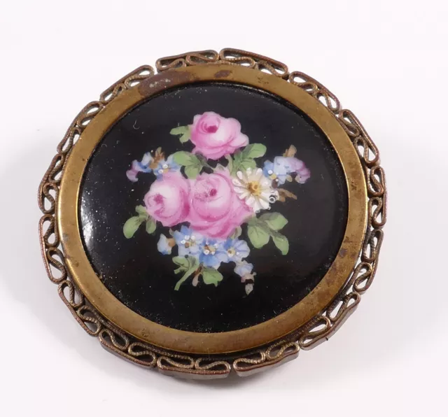 Antikschmuck Brosche rund schwarz mit Blumen Ges. Gesch. 7322 Um 1900