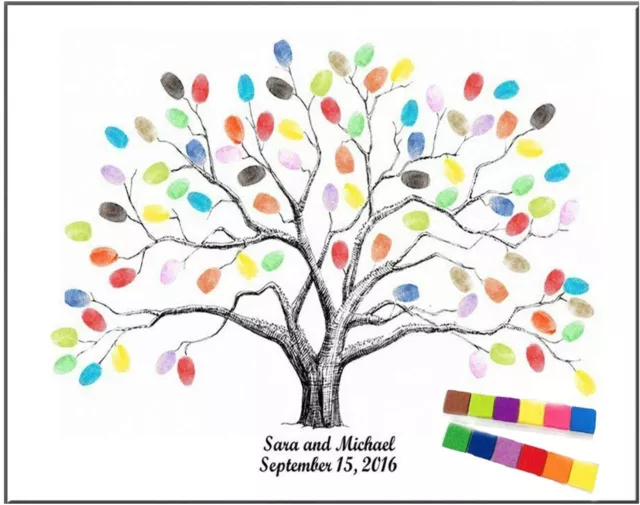 Large 23.6" Canvas Fingerprint Tree Painting Wedding Party Guest Book w/ Ink Pad