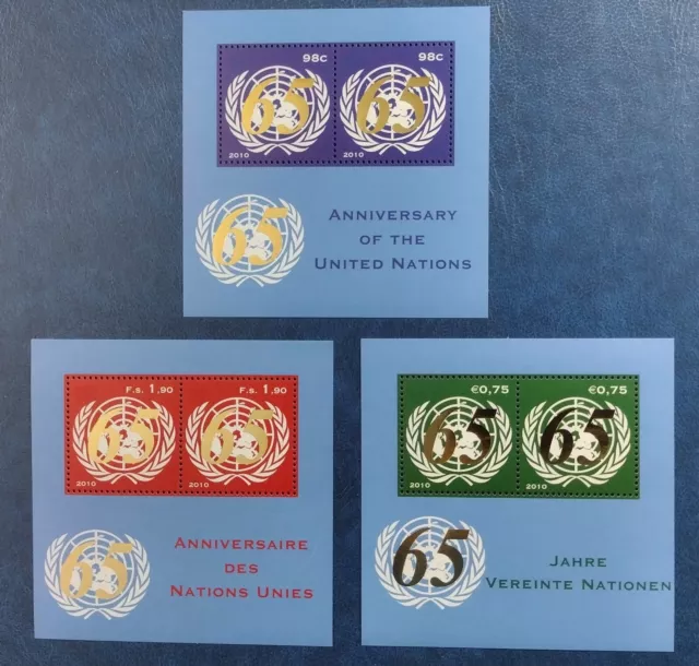 UNITED NATIONS 2010 65th Anniversary NY * Geneva * Vienna MNH UN Souvenir Sheets