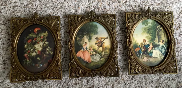 Vintage Ornate Brass Metal Convex Small Picture Frame ornate wall set of 3 italy