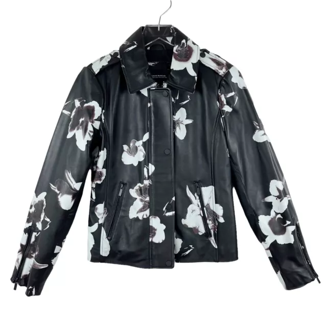 Neiman Marcus Black Leather Floral Full Zip Lined Jacket Womens M