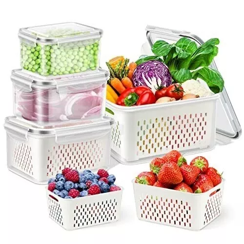 Sanno Fridge Food Storage Vegetable Fruit Containers Produce Saver Container Stackable Refrigerator Freezer Organizer Fresh Keeper Drawers Organizer