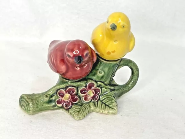 Vintage Japan Bird Salt & Pepper Shakers Ceramic Yellow & Red Birds Branch Caddy