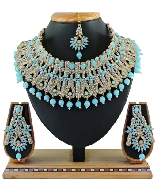 Firozi Indian Traditional Gold Plated Choker Wedding Bridal Jewelry Necklace Set