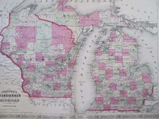 Wisconsin & Michigan Milwaukee Detroit 1867 A.J. Johnson scarce issue map