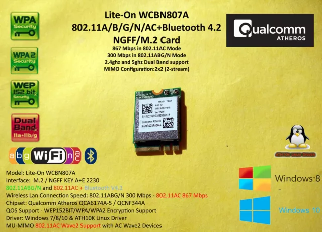 Atheros QCA6174 M.2 NGFF Wi-Fi 802.11AC 867mbps Bluetooth 2.4/5Ghz Linux
