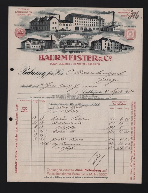 CARLSHAFEN RECHNUNG 1912 Baurmeister Co Tabak Zigarren Zigaretten carlshafen-rechnung-1912-baurmeister-co-tabak-zigarren-zigaretten