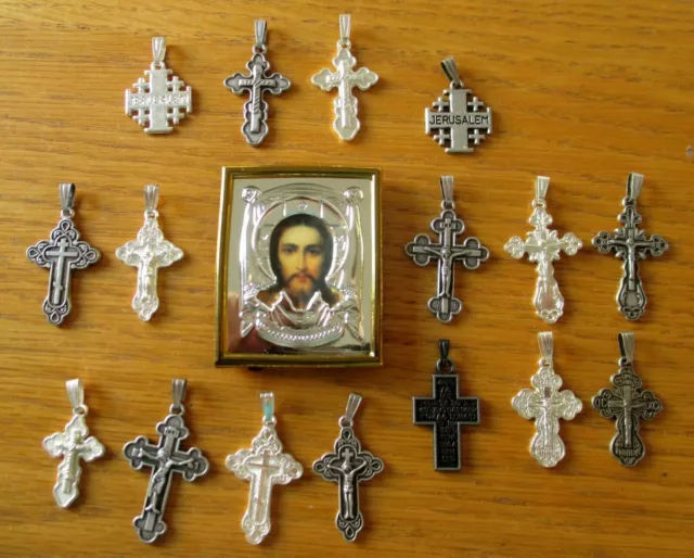 Lote de 17 crucifijos religiosos ortodoxos, cruces, icono de Jerusalén,...