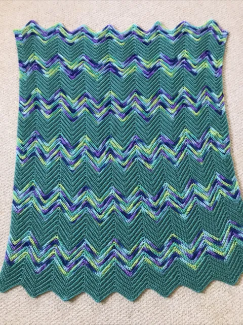 Vtg Handmade Crochet Afghan Blanket Throw ZigZag Stripe Purple Green 48” By 36”