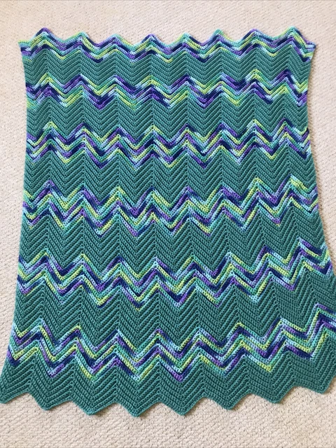 Vtg Handmade Crochet Afghan Blanket Throw ZigZag Stripe Purple Green 48” By 36”