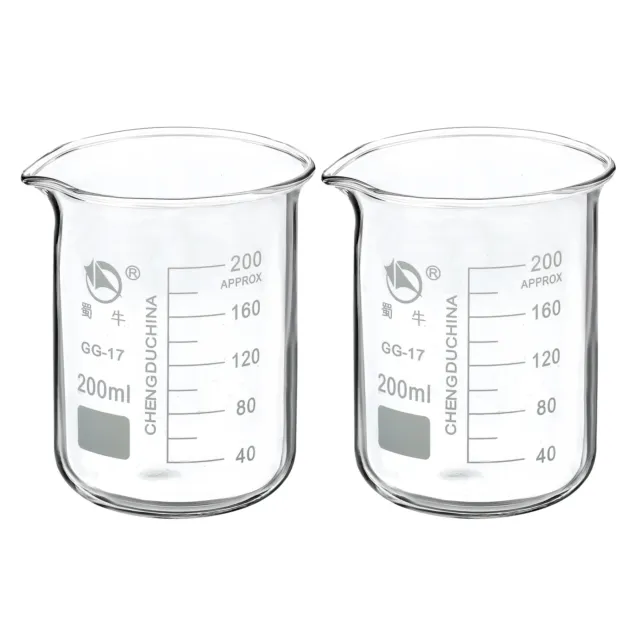 2pcs 200ml Low Form Glass Beaker 3.3 Borosilicate Graduated Lab Measuring Cups