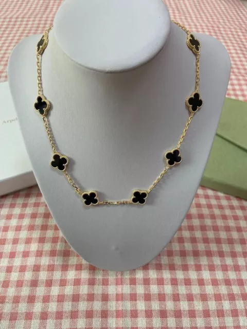 Authentic Van Cleef & Arpels 18Kt YG Vintage Alhambra 10 Motifs Onyx Necklace