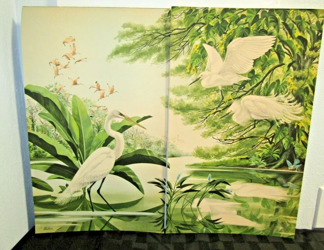 Pair Robert Stern Arthur Lithograph Beautiful Great Egret birds 20 x 12