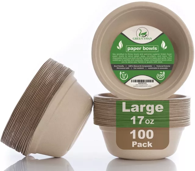 Disposable paper bowls, 17 Oz [100 Pack] large bowl-100% compostable