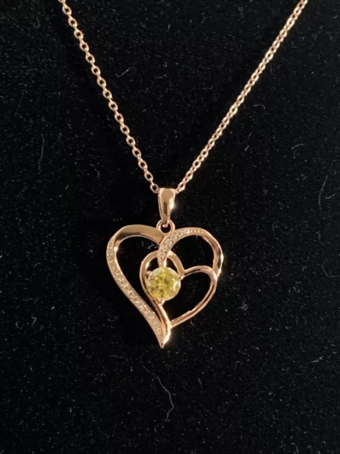 OLD RUBIN CZ Solitaire Heart Pendant Necklace Rose Gold Sterling Silver ...